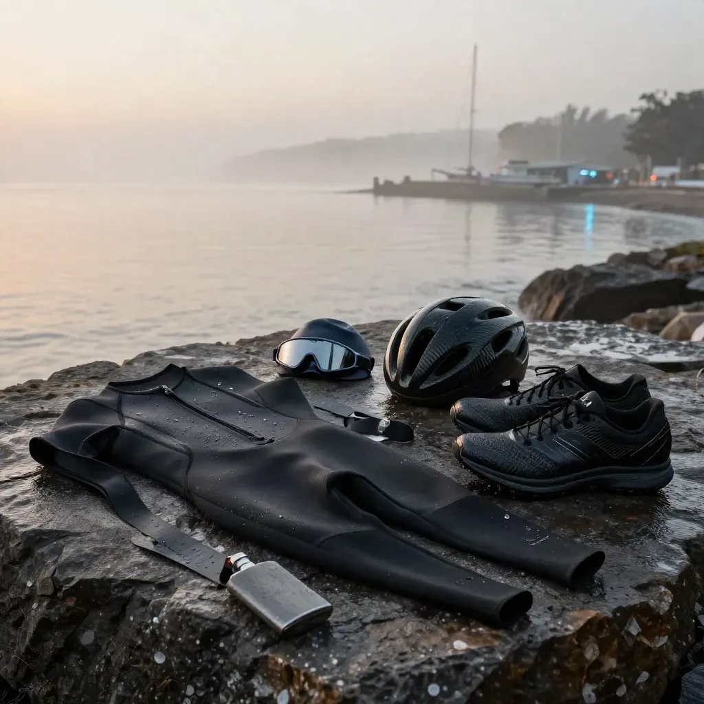 Kit de triathlon sur pierre mouillée au lever du jour, avec wetsuit, lunettes, casque et chaussures.