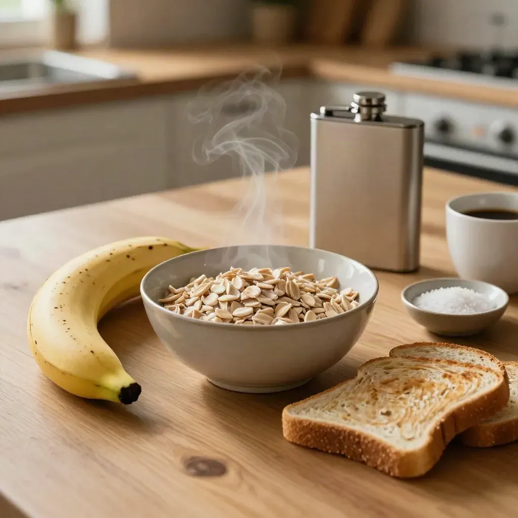 Petit-déjeuner de triathlon avec bol de flocons, banane, toast et café sur table de cuisine.