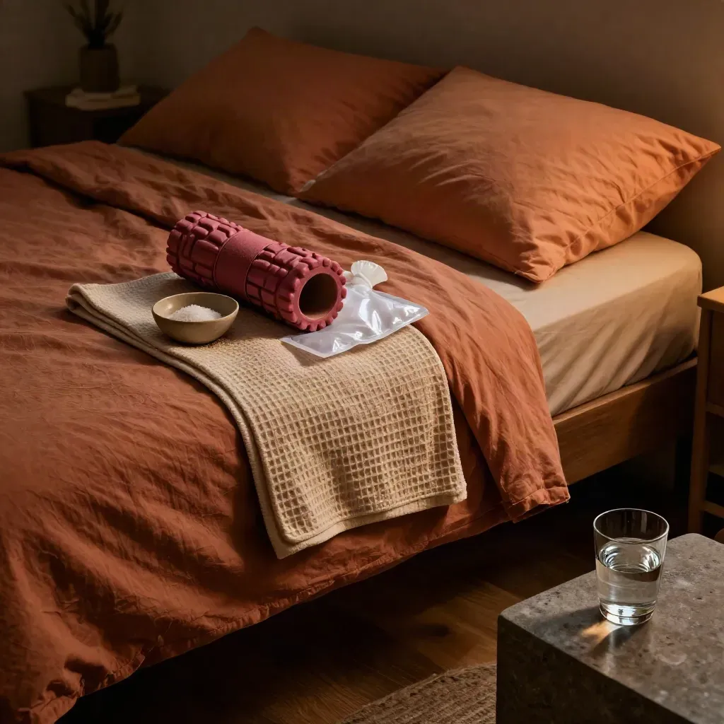 Coin récupération près d’un lit avec rouleau, glace, serviette, sel et verre d’eau.