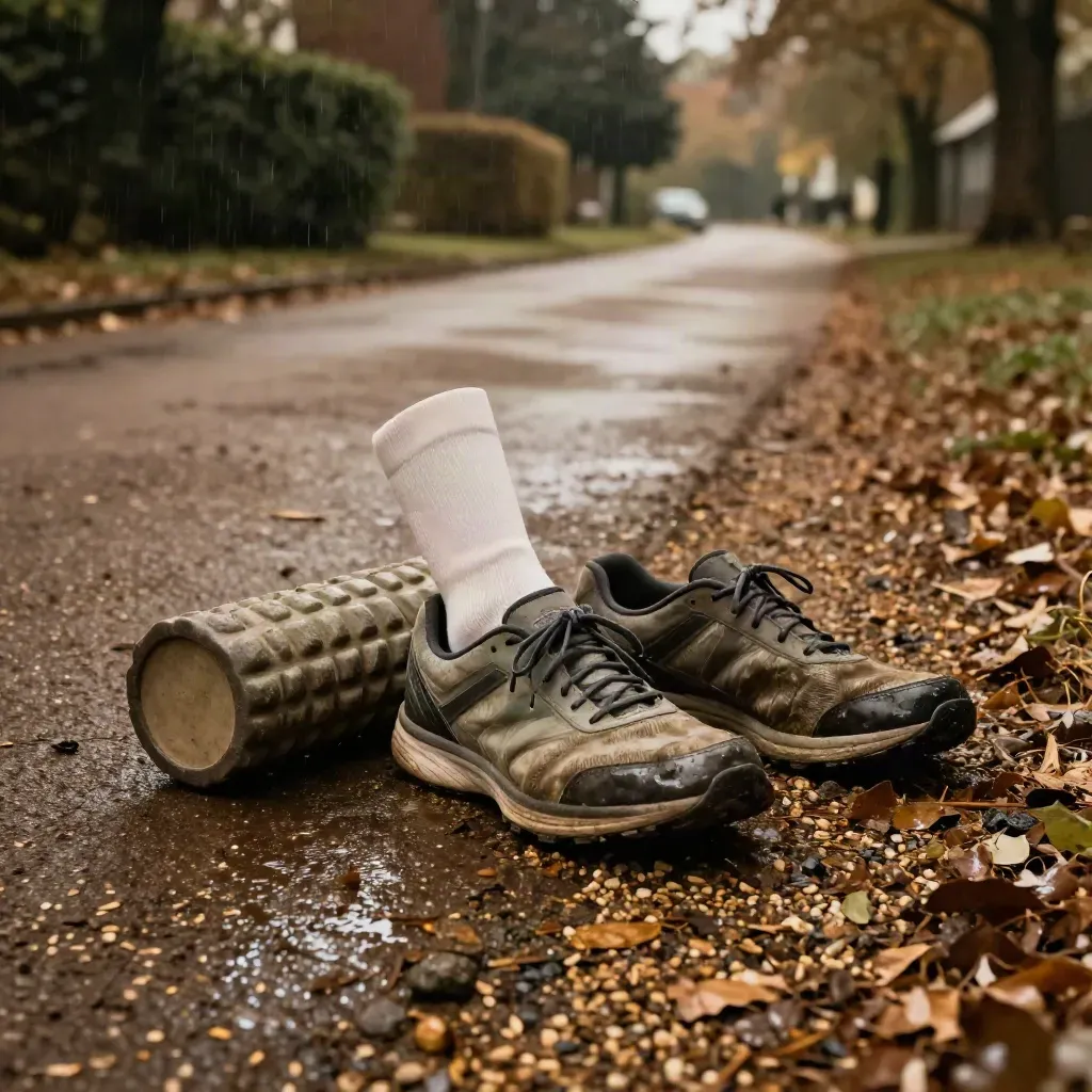 Chaussures de course usées, chaussettes de compression et rouleau en mousse sur un chemin humide.