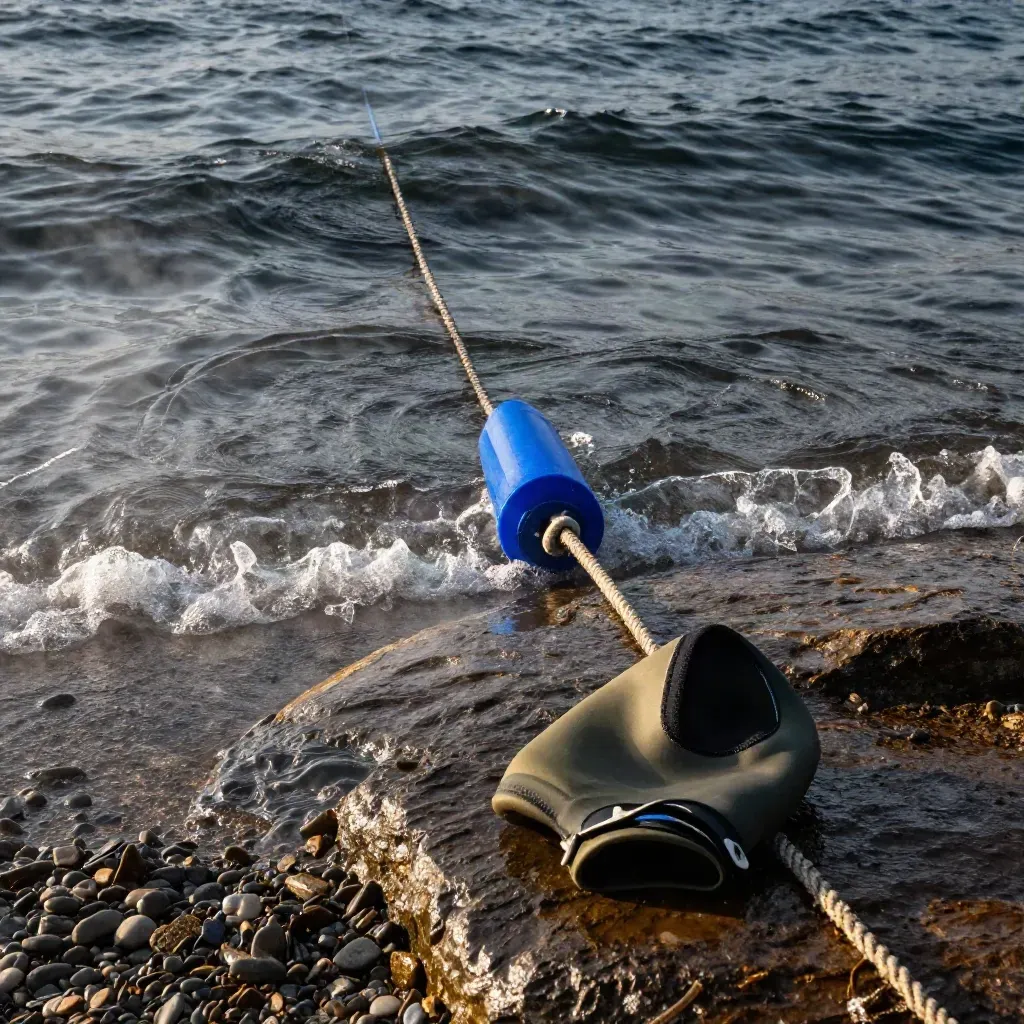 Bouée de natation en eau libre, mer sombre, rocher de rive et bonnet néoprène plié au petit matin.