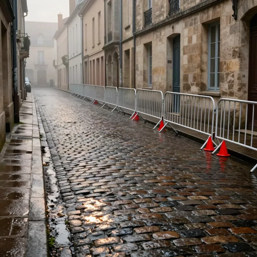 Rue fermée à Troyes, barrières de course et cônes sur pavés mouillés dans la brume du matin.